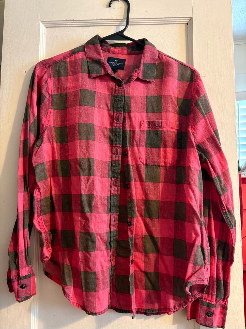 American Eagle Outfitters Pink and Gray Plaid Button-Down Shirt